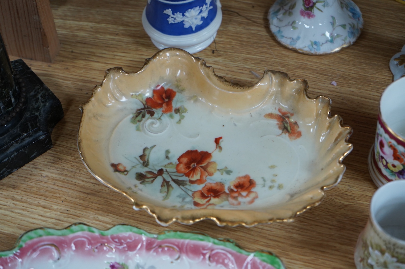 A bisque figure group of the Three Graces - 27cm high, a smaller smaller bisque figure, a pair of Vienna style coffee cans and saucers and a collection of mixed floral china. (22)